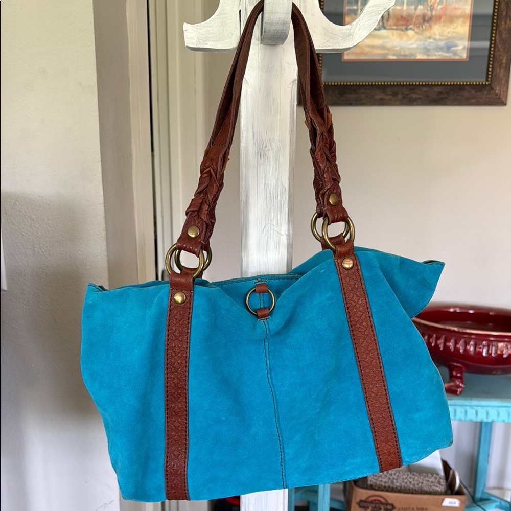 Blue and Brown Women's Handbag